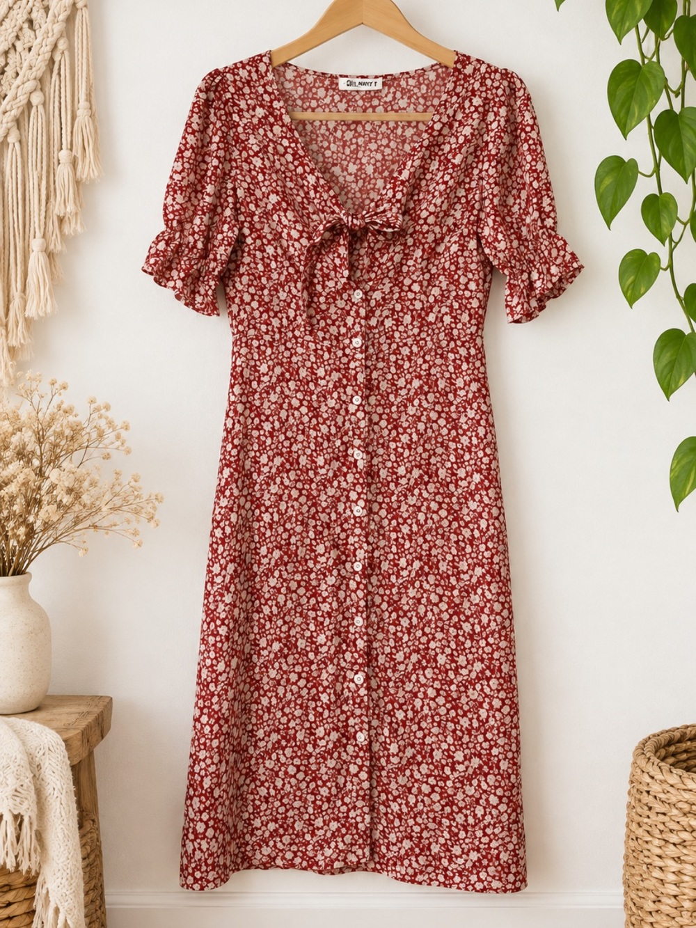 Cupshe Red Floral Tie-Front Midi Dress Size M, fits like a Small Romantic Boho